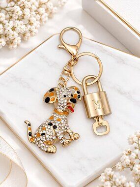 Authentic LV Gold Padlock & Key✨ Luxury Bag Charm w/ Unbranded Dog Keychain